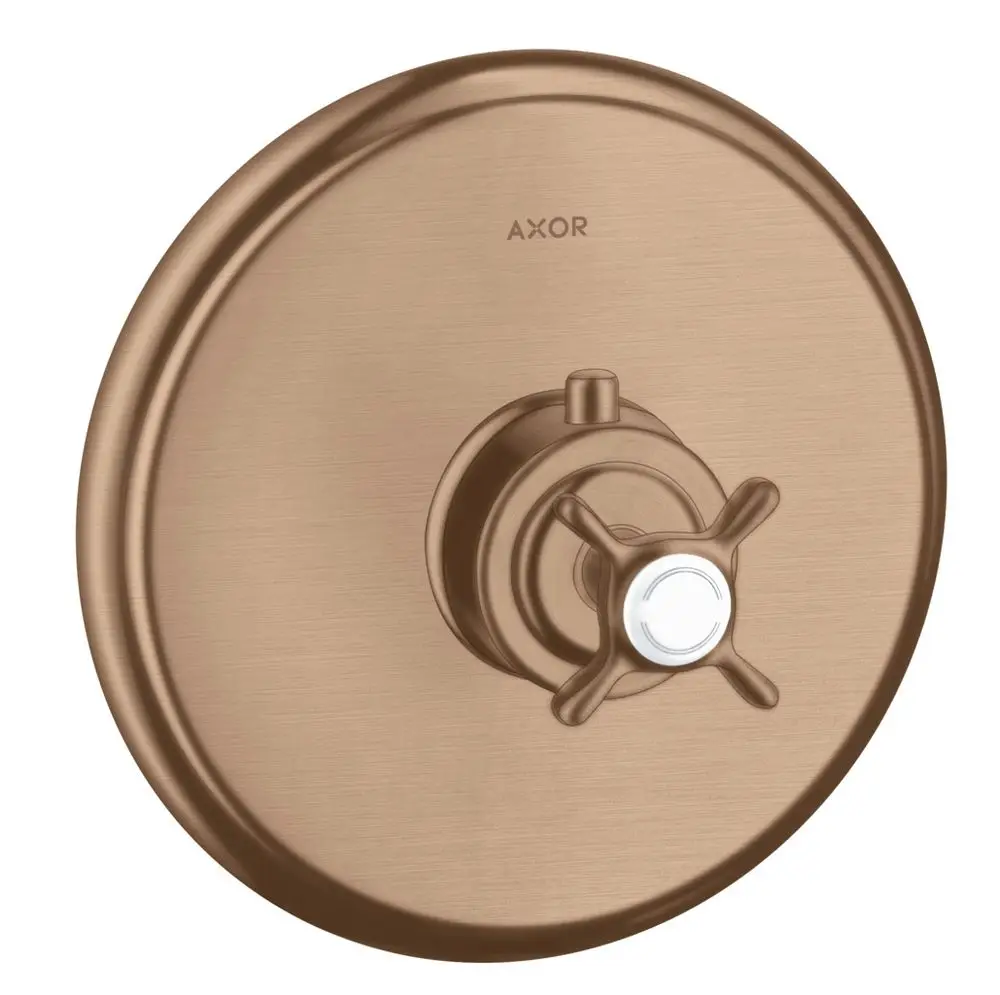 Thermostat mit Kreuzgriff in brushed red gold. Hersteller AXOR. Runde Abdeckung mit zentralem Drehmechanismus zur Temperatureinstellung.